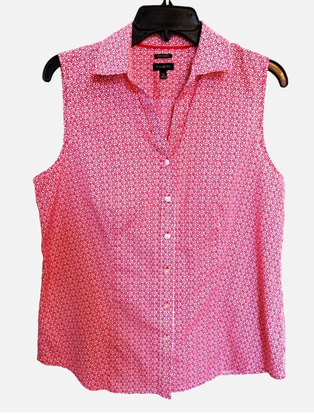Talbots Sleeveless Blouse Size 10 Red Geometric Wrinkle Resistant
